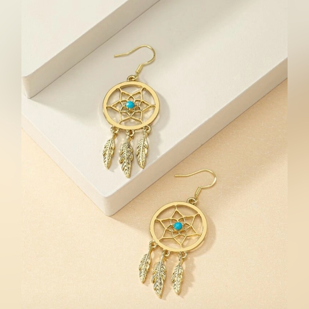 Gold Dreamcatcher Earrings with Turquoise Accent